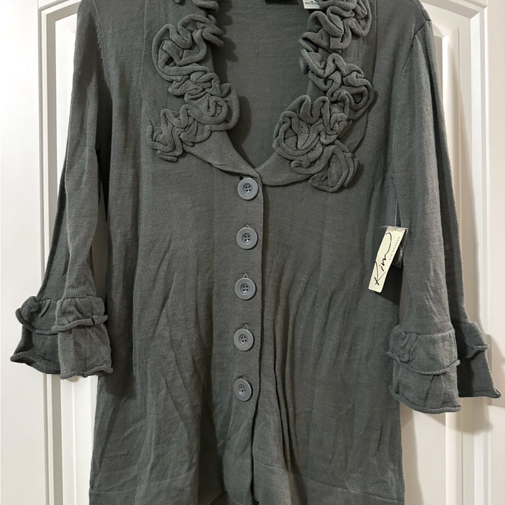 Gray Knit Cardigan with Ruffle Trim